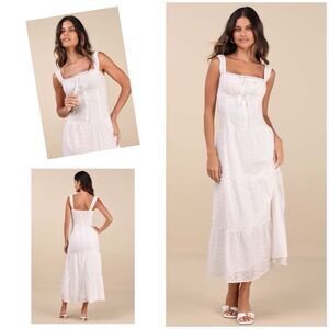 Lulus Nerissa Dress White Midi Eyelet Embroidered Drop Waist Size L NWOT